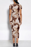 Dark Gray Casual Floral Print Butterfly Contrast O Neck Printed Short Sleeve Dress