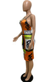 Orange White Sexy Casual Print Backless U Neck Sling Dresses