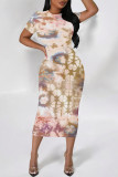 Dark Gray Casual Floral Print Butterfly Contrast O Neck Printed Short Sleeve Dress