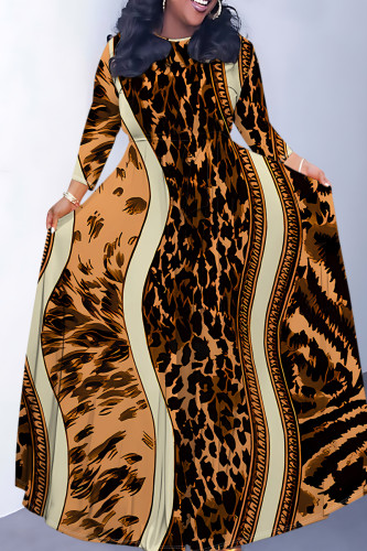 Brown Casual Striped Print Leopard Pocket With Belt O Neck Printed Dresses