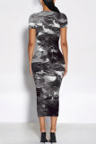 Dark Gray Casual Floral Print Butterfly Contrast O Neck Printed Short Sleeve Dress