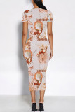 Dark Gray Casual Floral Print Butterfly Contrast O Neck Printed Short Sleeve Dress