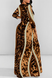 Green Casual Striped Print Leopard Pocket With Belt O Neck Printed Dresses