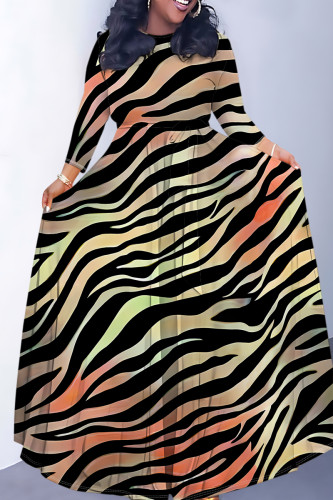 Tangerine Red Casual Striped Print Leopard Pocket With Belt O Neck Printed Dresses