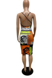 Orange White Sexy Casual Print Backless U Neck Sling Dresses