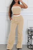 Khaki Casual Pocket Patchwork Contrast Strapless Sleeveless Two Pieces