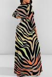 Green Casual Striped Print Leopard Pocket With Belt O Neck Printed Dresses