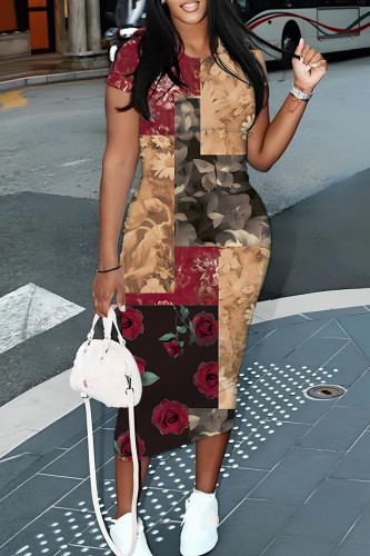 Red Casual Floral Print Butterfly Contrast O Neck Printed Short Sleeve Dress