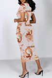 Dark Gray Casual Floral Print Butterfly Contrast O Neck Printed Short Sleeve Dress