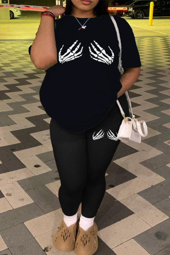Black Casual Skull Finger O Neck Plus Size Two Pieces