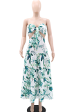 Green Sexy Print Hollow Out Strap Design Strapless Long Dresses