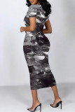 Dark Gray Casual Floral Print Butterfly Contrast O Neck Printed Short Sleeve Dress