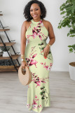 Baby Blue Sexy Floral Print Contrast O Neck Printed Dresses