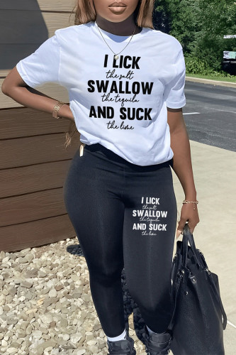 White Casual Letter Print Contrast O Neck Plus Size Two Pieces