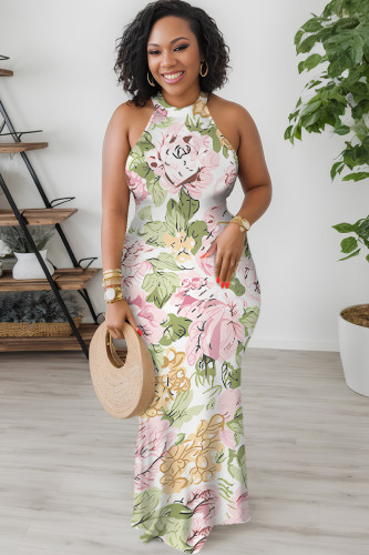 White Sexy Floral Print Contrast O Neck Printed Dresses