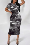 Dark Gray Casual Floral Print Butterfly Contrast O Neck Printed Short Sleeve Dress