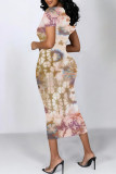 Dark Gray Casual Floral Print Butterfly Contrast O Neck Printed Short Sleeve Dress