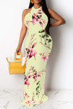 Baby Blue Sexy Floral Print Contrast O Neck Printed Dresses