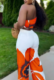 Orange Casual Print Patchwork Asymmetrical Collar Sleeveless Two Pieces
