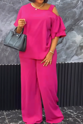 Deep Pink Casual Solid Color Hollow Out Patchwork Asymmetrical Collar Plus Size Two Pieces