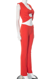 Red Sexy Solid Color Hollow Out Patchwork Asymmetrical Collar Sleeveless Two Pieces