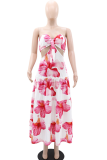 Pink Sexy Print Hollow Out Strap Design Strapless Long Dresses
