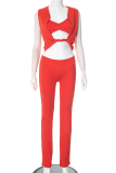 Red Sexy Solid Color Hollow Out Patchwork Asymmetrical Collar Sleeveless Two Pieces