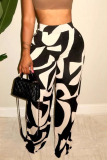 Black Casual Print Patchwork Loose Mid Waist Full Print Bottoms