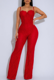 Red Sexy Solid Color Patchwork Spaghetti Strap Jumpsuits