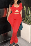 Red Sexy Solid Color Hollow Out Patchwork Asymmetrical Collar Sleeveless Two Pieces