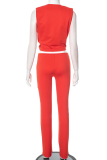 Red Sexy Solid Color Hollow Out Patchwork Asymmetrical Collar Sleeveless Two Pieces