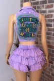 Purple Sexy Print Patchwork Tiered Layer Deep V Neck Sleeveless Two Pieces