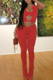 Red Sexy Solid Color Hollow Out Patchwork Asymmetrical Collar Sleeveless Two Pieces