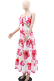 Pink Sexy Print Hollow Out Strap Design Strapless Long Dresses
