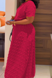 Rose Red Elegant Solid Color Patchwork Strap Design O Neck Long Plus Size Dresses