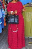 Rose Red Elegant Solid Color Patchwork Strap Design O Neck Long Plus Size Dresses