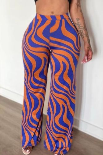 Blue Casual Print Patchwork Loose Mid Waist Full Print Bottoms
