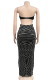 Black Sexy Solid Color Patchwork Slit Hot Drill Strapless Sleeveless Two Pieces