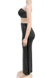 Black Sexy Solid Color Patchwork Slit Hot Drill Strapless Sleeveless Two Pieces