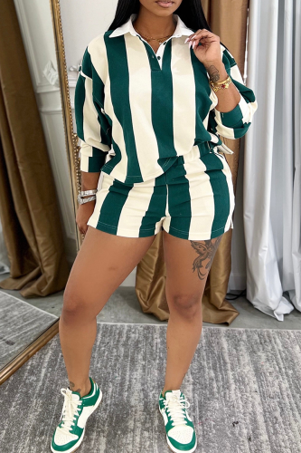 Green Casual Stripe Buttons Patchwork Turndown Collar Long Sleeve Two Pieces