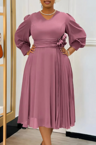 Pink Elegant Solid Color Patchwork Ruched Flower Shape V Neck Long Dresses