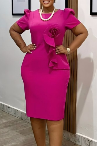 Rose Red Casual Solid Color Flowers O Neck Short Sleeve Short Sleeve Dress