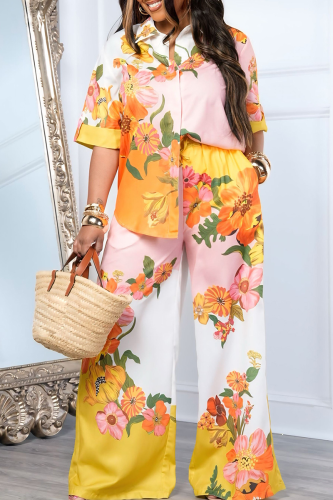 Yellow Casual Print Pocket Buckle Patchwork Turndown Collar Half Sleeve Two Pieces