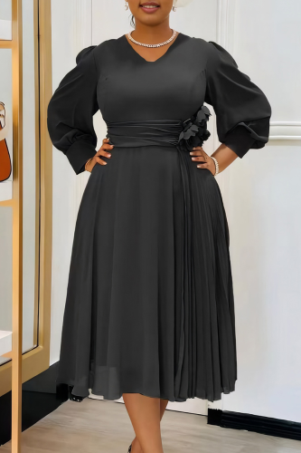 Black Elegant Solid Color Patchwork Ruched Flower Shape V Neck Long Dresses