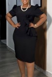 Black Casual Solid Color Flowers O Neck Short Sleeve Short Sleeve Dress