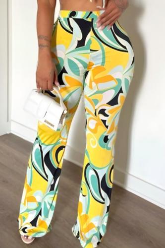 Yellow Casual Print Patchwork Regular Mid Waist Full Print Bottoms