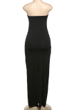 Black Sexy Flowers Hollow Out Ruched Strapless Long Dresses