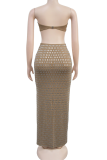 Black Sexy Solid Color Patchwork Slit Hot Drill Strapless Sleeveless Two Pieces