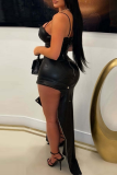 Black Sexy Solid Color Buttons Patchwork Irregular Patchwork Bottoms