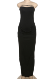 Black Sexy Flowers Hollow Out Ruched Strapless Long Dresses
